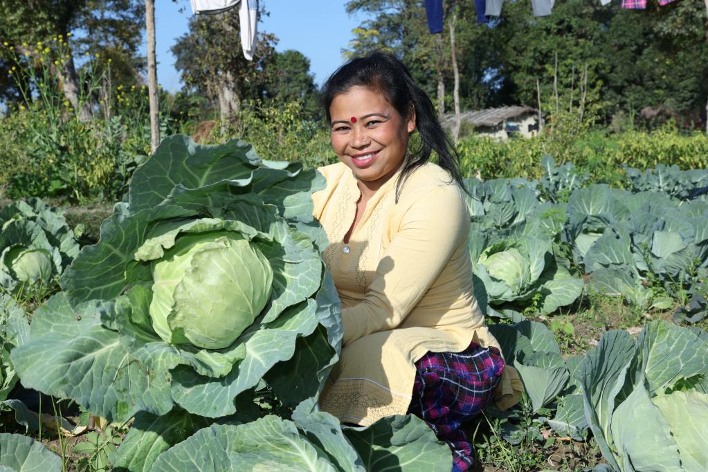 A woman stands in the field with a joyful expression, proudly holding a large cabbage she has harvested.