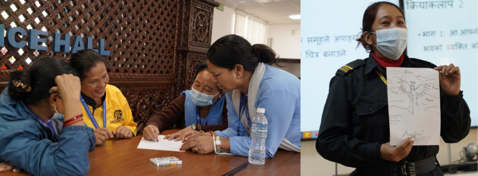 In the first picture, four cleaning ladies are discussing poi8nts written in the paper in front of them on the table. One of the cleaning lady has a smile on her face, one them is pointing something in the paper and the other two are listening carefully. In the second picture, a guard with her black uniform is holding a drawing of a handicapped person who has wings. She is explaining the drawing to her colleagues.
