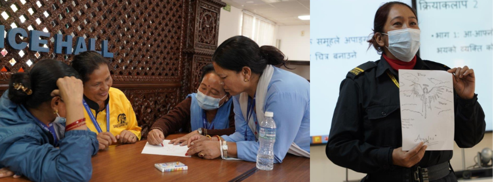 In the first picture, four cleaning ladies are discussing poi8nts written in the paper in front of them on the table. One of the cleaning lady has a smile on her face, one them is pointing something in the paper and the other two are listening carefully.  In the second picture, a guard with her black uniform is holding a drawing of a handicapped person who has wings. She is explaining the drawing to her colleagues.