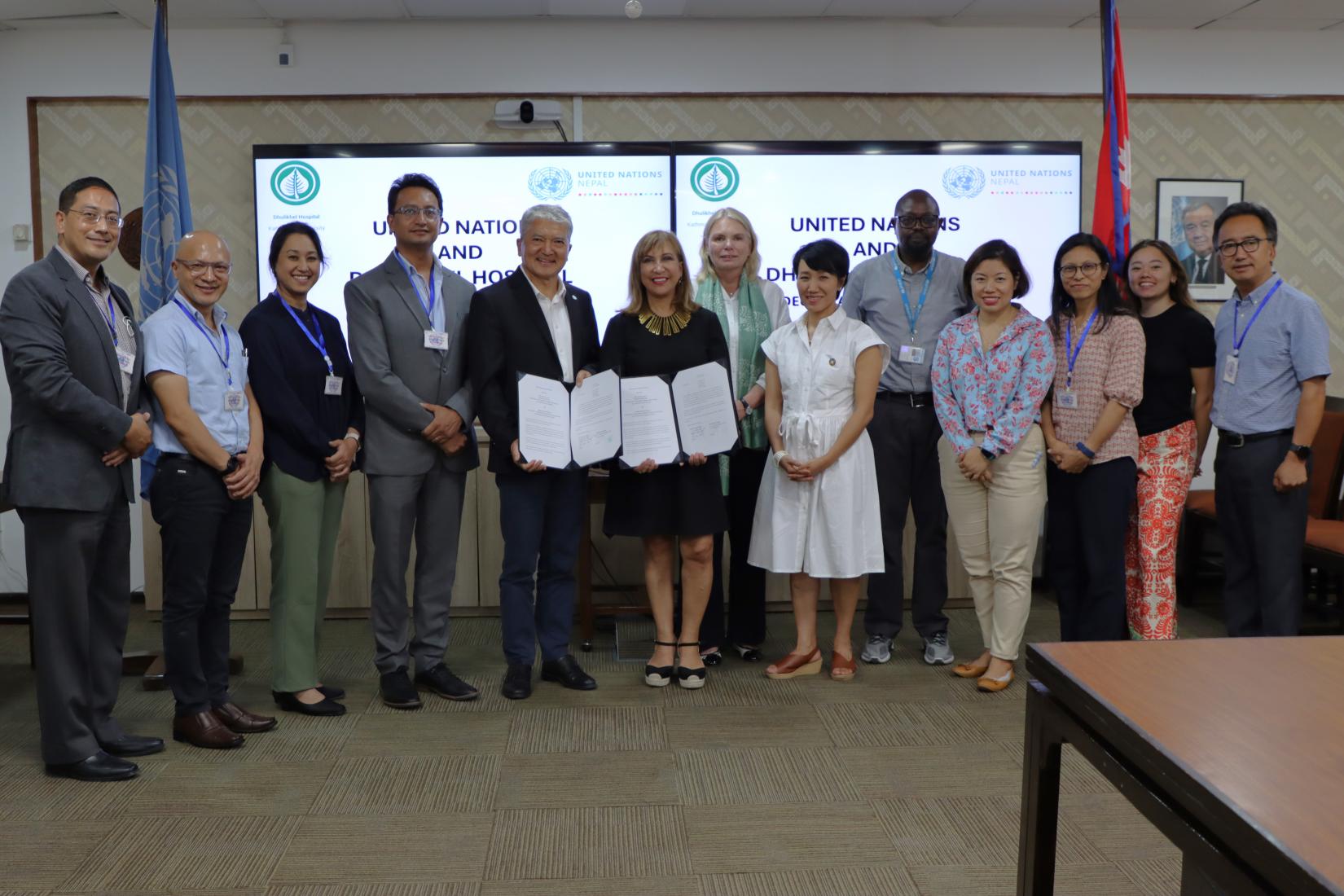 The member of UN Country Team in Nepal led by the UNRC Madam Hanaa and Dhulikhel Hospital led by Professor Dr Ram KM Shrestha after the historic signing ceremony.