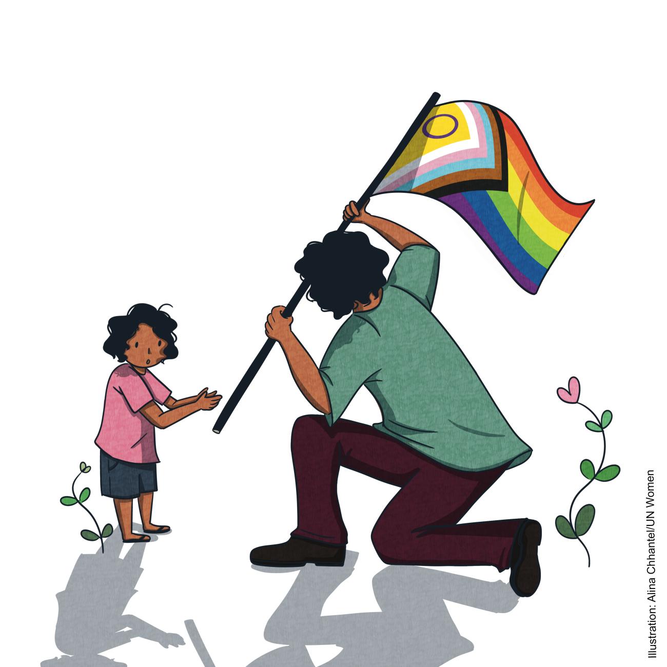 A child claps and watches in awe as their adult version holds the PRIDE flag. There are pink and green flowers around, symbolizing growth and hope.