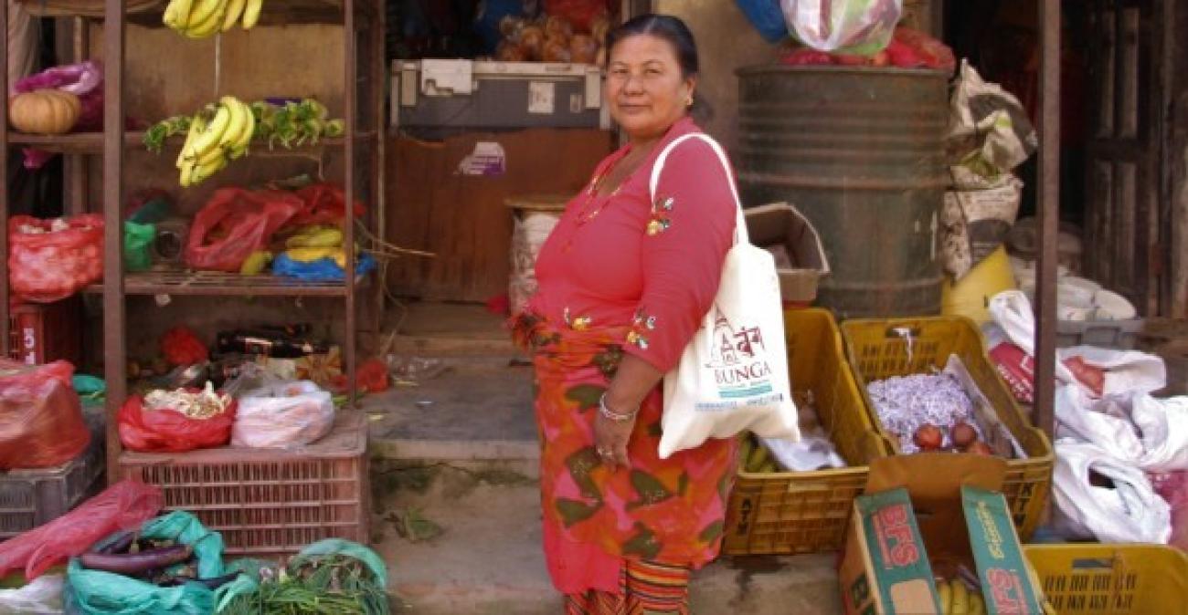 A woman in a red sari and white tote-bag labelled 'Sunga' in red, stands outside of a fruit and veg shop.