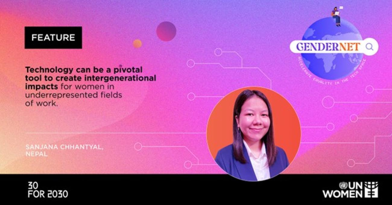 A poster of a globe on the top right, below is a picture of a woman smiling. The left side of the poster has an introductory sentence about the importance of technology.