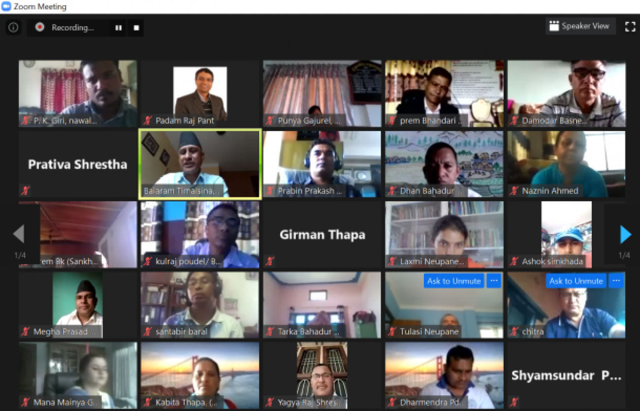 A screenshot of the zoom meeting with faces of twenty two attendees shown as they've turned their respective cameras on.