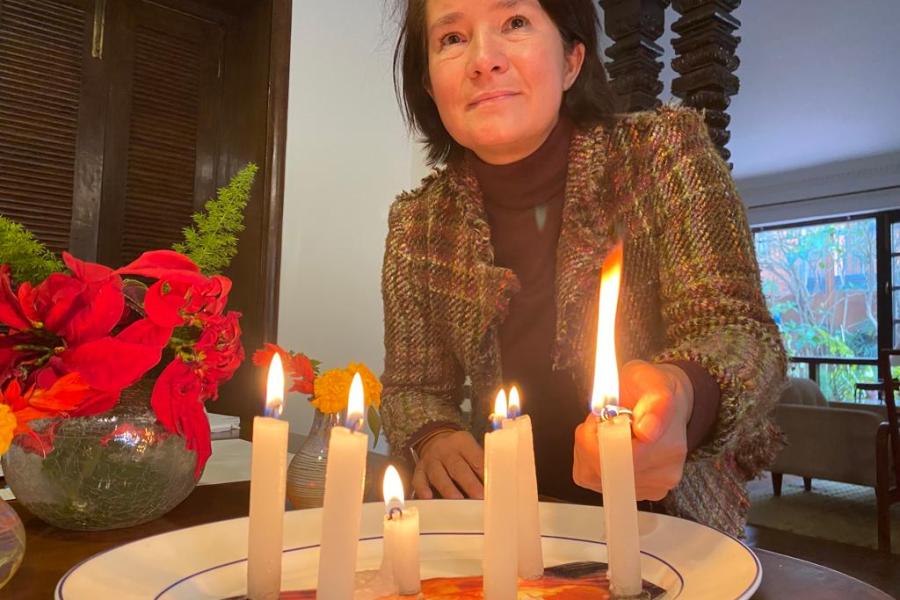 Her Excellency Ms Nona Deprez, EU Ambassador to Nepal lighting six candles in the memory of six million jews perished in Holocaust