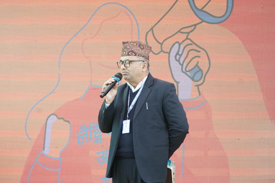 Mr. Ganesh Singh, Acting Secretary of the Ministry of Social Development, Sudurpaschim Province, urging everyone to unite to end gender-based violence