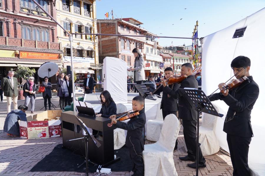 Students of Kathmandu Pragya Kunja playing “Violin of Hope” a beautiful holocaust themed music in honour of the victims of the Holocaust.