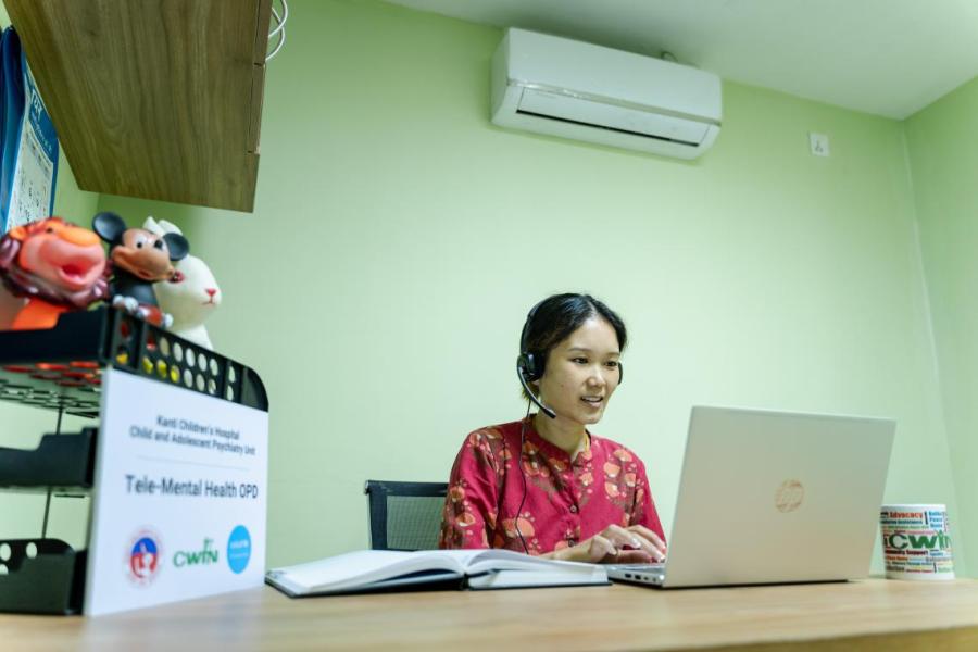 Psychiatrist Dr Ayushree Gurung at the tele-mental health OPD at the Kanti Children’s Hospital in Kathmandu, Nepal.
