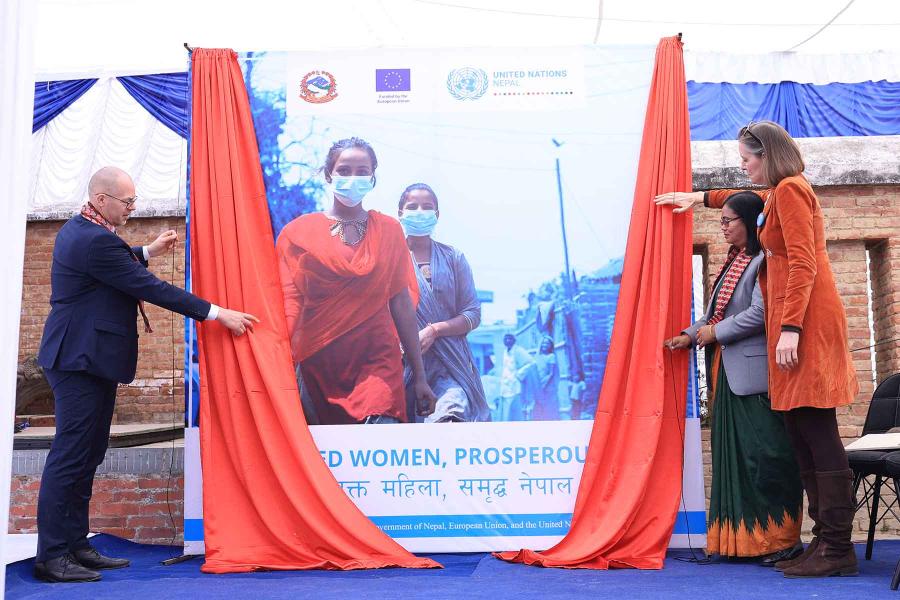Honourable Minister for Women, Children and Senior Citizens, Ms. Bhagwati Chaudhary, the Director for the Middle East, Asia and Pacific at the Directorate-General for International Partnerships of the European Commission, Mr Peteris Ustubs and Ms Elke Wisch, UNICEF Representative to Nepal on behalf of the UN Resident Coordinator and the UN team, jointly launched the programme at a ceremony held in Patan today.