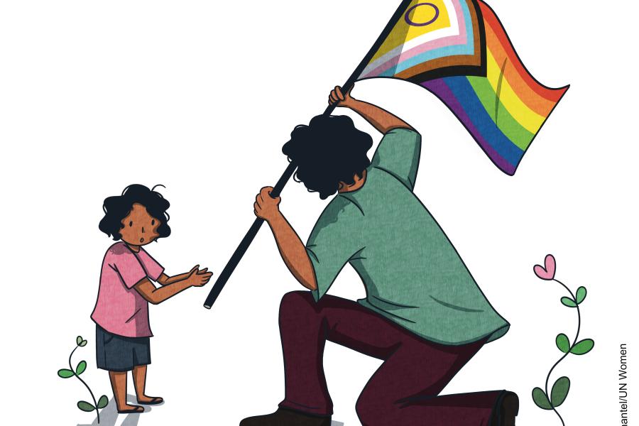 A child claps and watches in awe as their adult version holds the PRIDE flag. There are pink and green flowers around, symbolizing growth and hope.