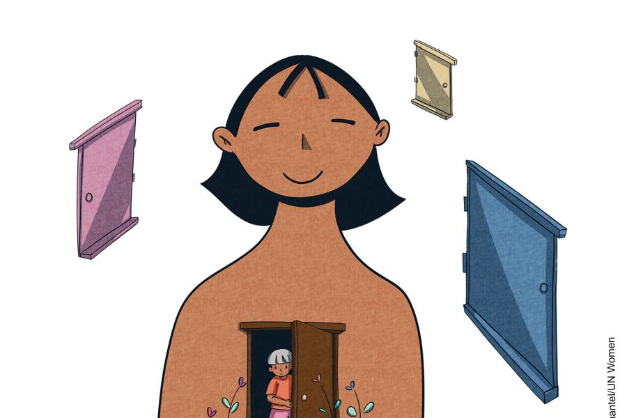 A person smiles and looks on. Around the person, picture shows three closed doors, and a child opening one door with a look of amazement. There are colourful flowers outside the open door, symbolizing hope.