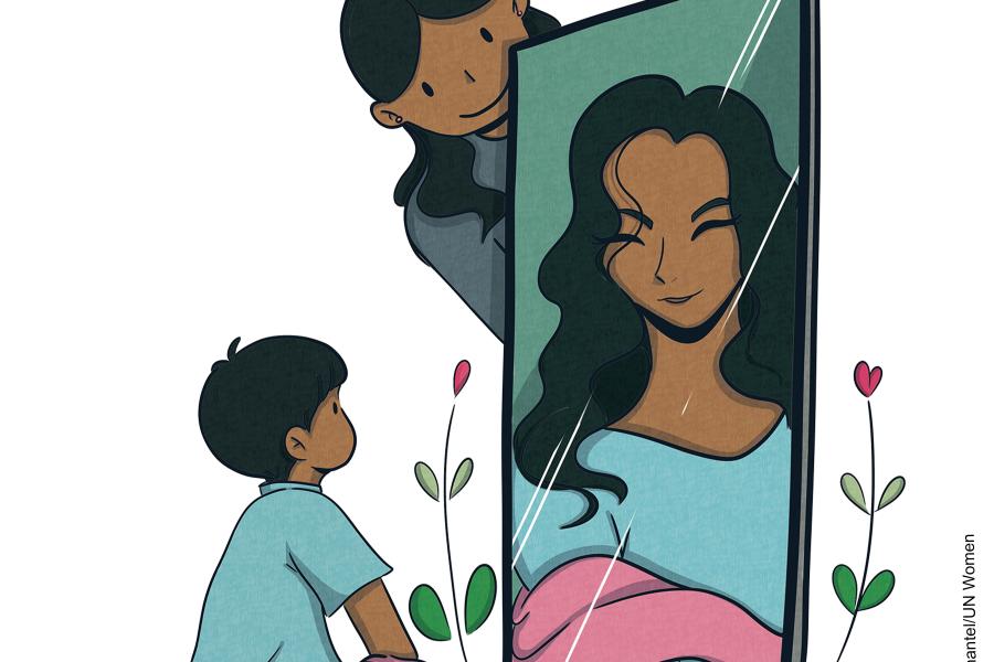 A child looks in the mirror that shows a reflection of a smiling woman. The child and the woman in the reflection both are wearing a pink shawl. Another woman is supporting the big mirror for the child to see and has an encouraging expression. The mirror has pink flowers around it symbolizing hope.