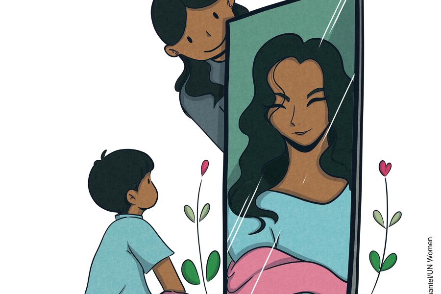 A child looks in the mirror that shows a reflection of a smiling woman. The child and the woman in the reflection both are wearing a pink shawl. Another woman is supporting the big mirror for the child to see and has an encouraging expression. The mirror has pink flowers around it symbolizing hope. 