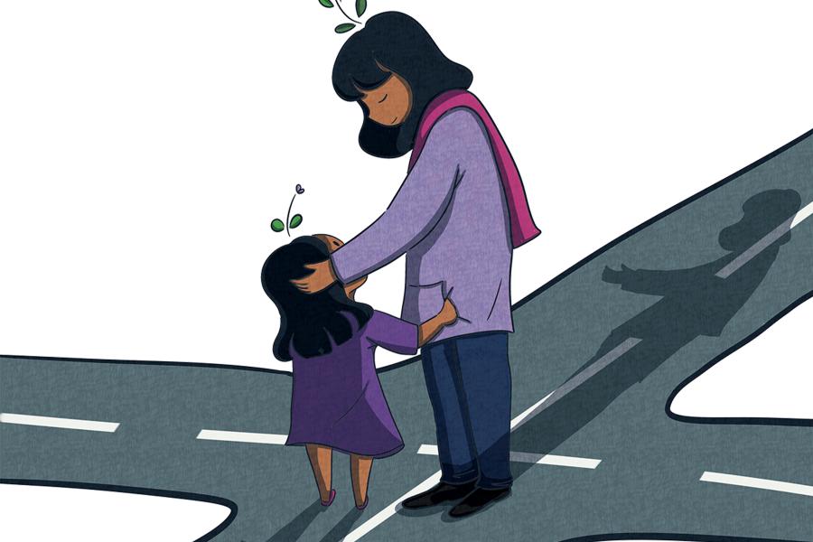 A little girl looks up at an adult woman in the middle of a crossroad. The child has her hand inside the pocket of the adult woman, who is gently holding the child’s head with a supportive expression. Both of them have purple flowers blooming from their heads, the child’s flower is smaller and younger while the woman’s flower has bloomed big symbolizing growth and hope.