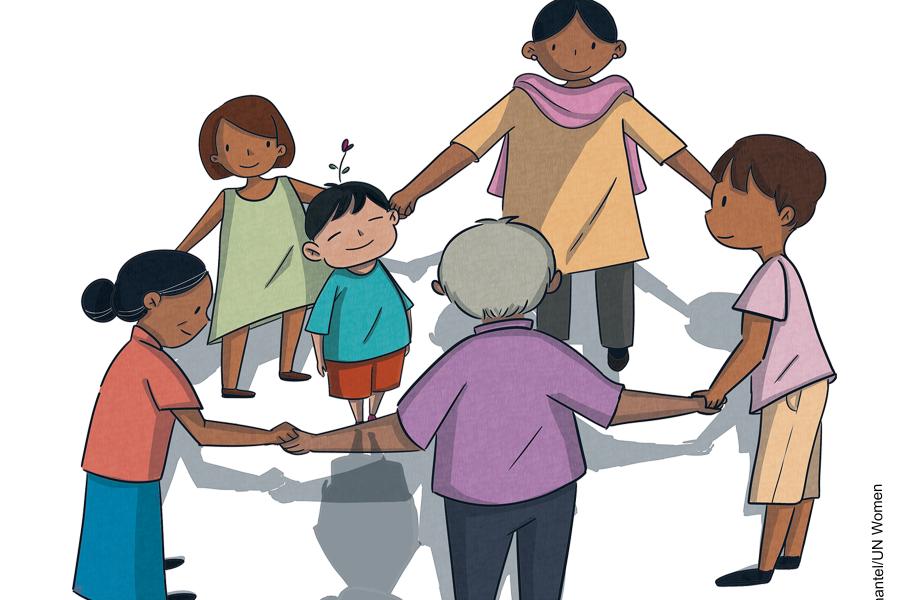 A child is happily smiling in the middle and is surrounded by their family members – a sister, parents, and grandparents – who are holding their hands in a circle. The family members look at the child with encouraging expression. The child has a small red flower blooming on their head symbolizing growth and hope.