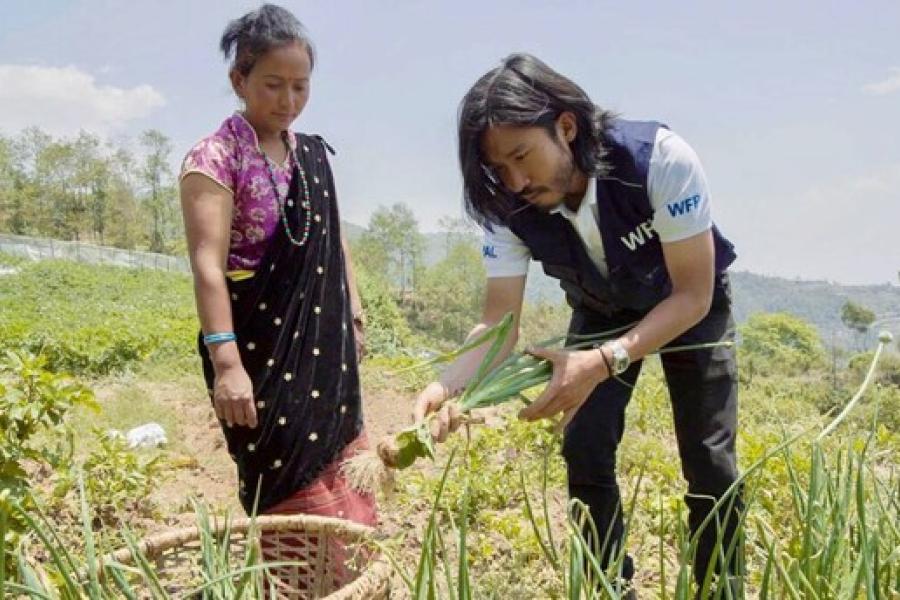 A farmer wearing her pink blouse and blue scarf watches the man from WFP picking up vegetables from her garden and putting it in a container.