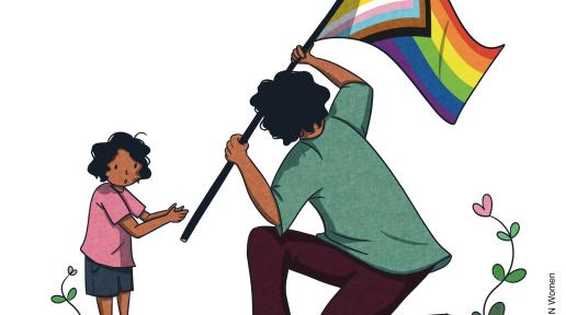 A child claps and watches in awe as their adult version holds the PRIDE flag. There are pink and green flowers around, symbolizing growth and hope.