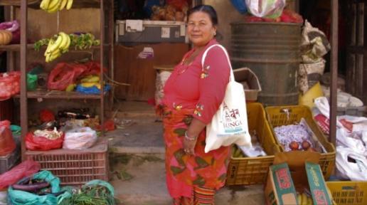 A woman in a red sari and white tote-bag labelled 'Sunga' in red, stands outside of a fruit and veg shop.