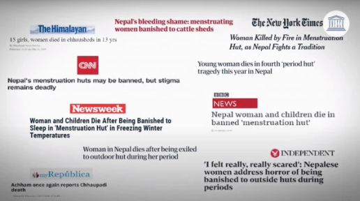 Collage of the titles of news articles that talks about menstrual taboos in Nepal