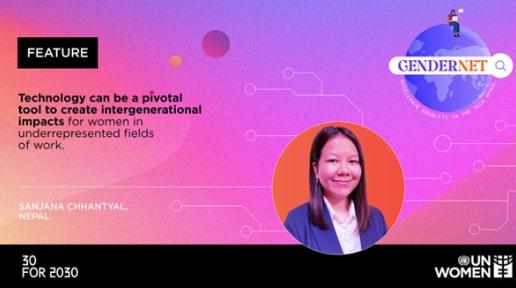 A poster of a globe on the top right, below is a picture of a woman smiling. The left side of the poster has an introductory sentence about the importance of technology.